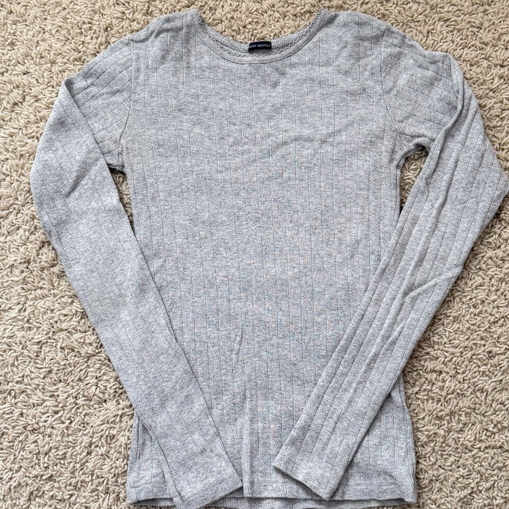 Brandy Melville Leah Scallop Eyelet Top Long Sleeve Gray